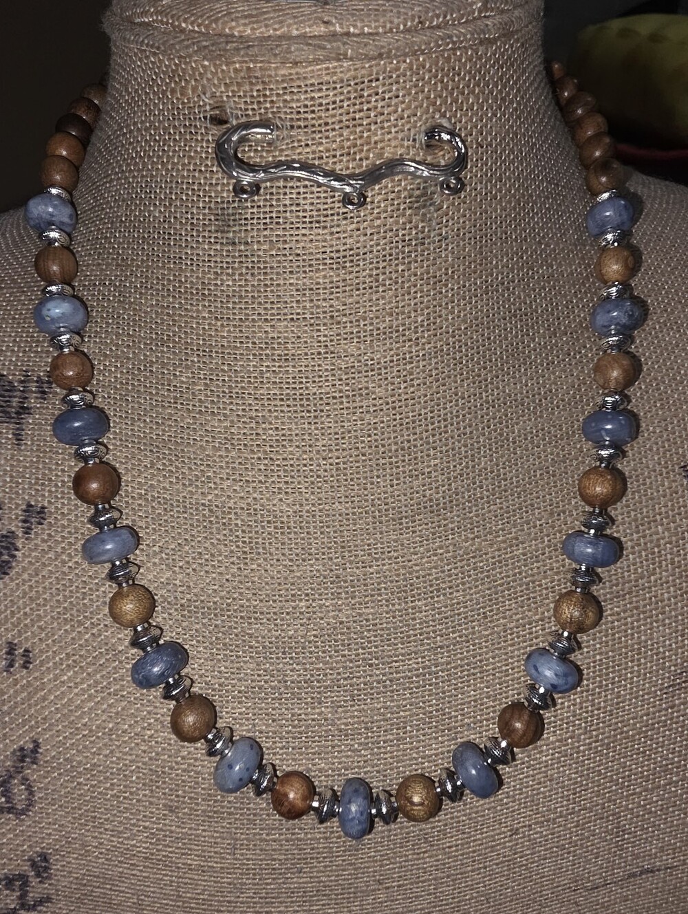 Polished Blue Coral With Wooden Accent Beads Necklace, Fits Upto 18"